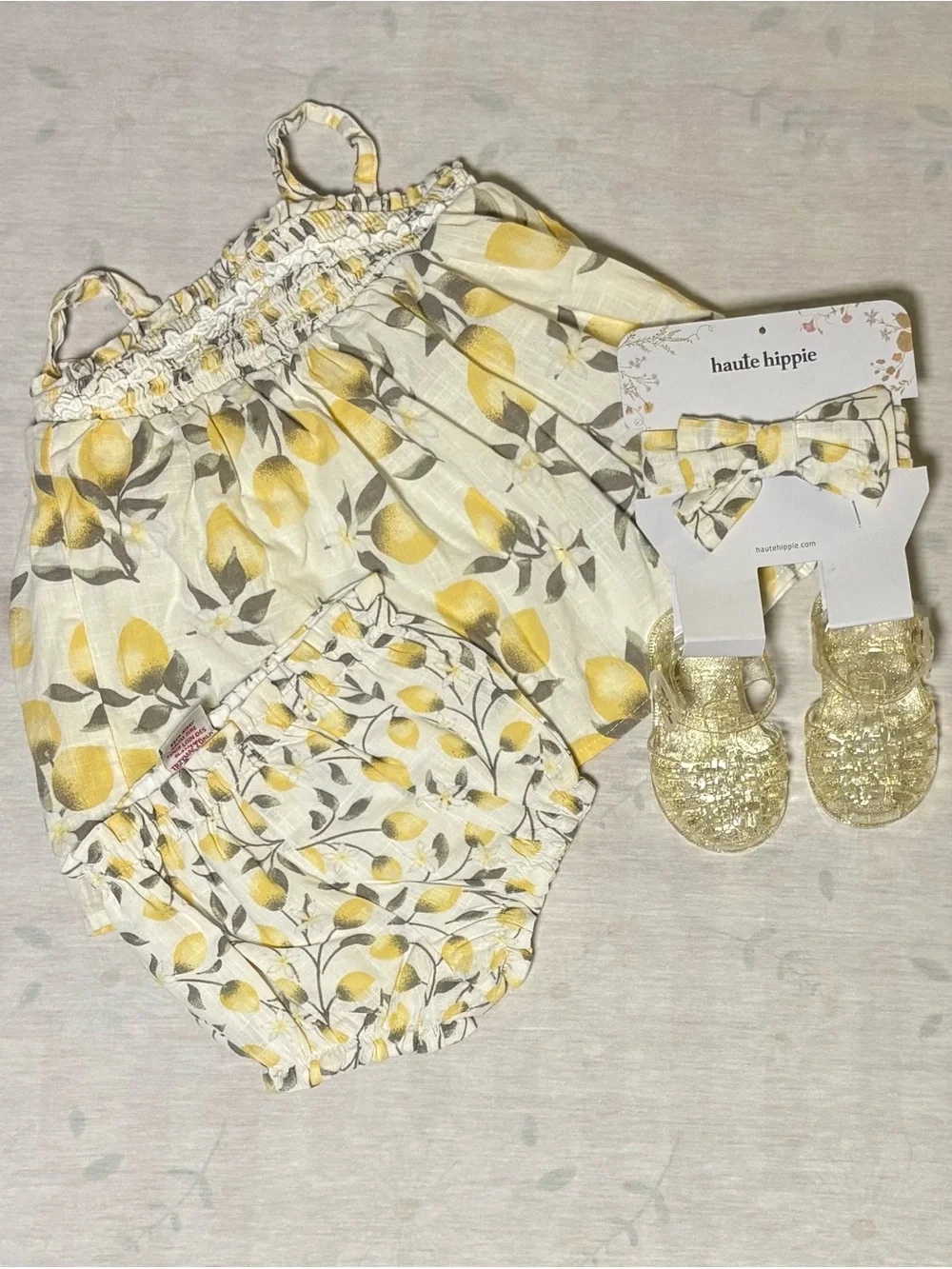 Haute Hippie Yellow Lemon Print Baby Set with Bow & Glitter Sandals